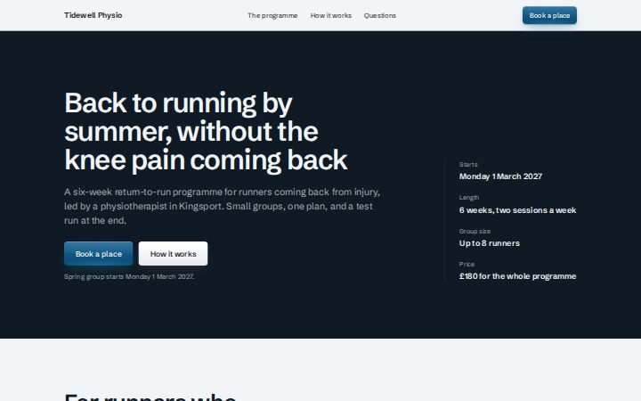 The campaign landing page recipe for Tidewell Physio, a fictional business, in the Harbour brand.