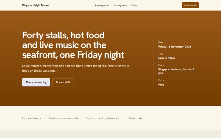The event page recipe for Kingsport Night Market, a fictional business, in the Marigold brand.