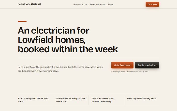 The local service page recipe for Kestrel Lane Electrical, a fictional business, in the Docs brand.